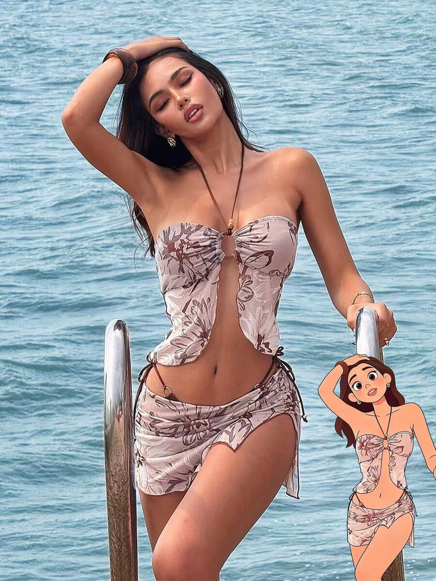 New Sexy Printed Mesh Patchwork Beaded 3 PiecesBikini Set, Halter Swimsuit, Suitable For Beach, Pool Party, Spring/Summer - Brown - View 1