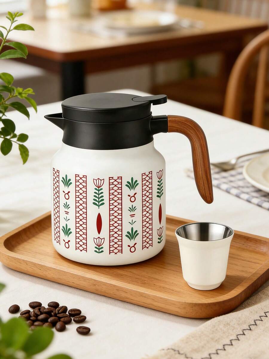 1pc 800ml Saudi Style Coffee/Tea Pot, Long Keeping Warm, Middle Eastern Style Palm Tree Print, Suitable For Home, Restaurant, Gift Giving, Saudi National Day - Multicolor - View 1
