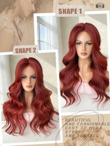 渐变红色假发，长波浪卷发，中段无刘海，26英寸，适合女性在圣诞节、万圣节、音乐节、派对和日常佩戴。 - 漸層紅色 - 查看 8