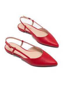 Women Flats Slingback Pointed Toe Elegant Lady Ballet Flats With Adjustable Buckle Strap Chic Fashion Low Heel Dress Casual Work Office Party Shoes - 紅色 - 查看 6