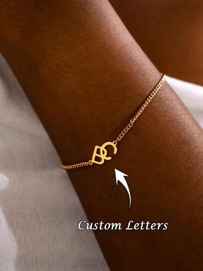 1pc [Customized] Minimalist Personalized Double Letter Splice Stainless Steel Bracelet, Initial Customized Bracelet, Unisex, Couples Bracelet, Minimalist Decor, Gift For Her, Birthday, Anniversary, Valentine's Day, Mother's Day, Personalized Gift