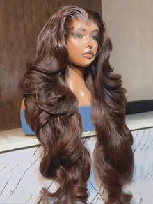 34 Inch Body Wave Chocolate Brown 13x4 HD Transparent Lace Frontal Wigs Glueless Wigs Human Blended Hair 200% Density Brazilian Virgin Hair Wig Pre Plucked Natural Hairline & Pre-Bleached Invisible Knots With Baby Hair - 棕色 - 查看 1
