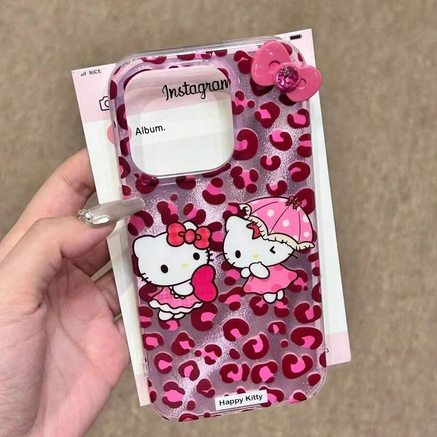 SANRIO 1个新款时尚创意豹纹闪光3D蝴蝶结三丽鸥卡通手机壳，采用防震IMD材质，可爱时尚，兼容苹果17系列、11/12/12 Pro、13/14/15、13 Pro/14 Pro/15 Pro、12 Pro Max/13 Pro Max/14 Pro Max/15 Pro Max、16、16 Pro、16 Pro Max、17、17 Pro、17 Pro Max - 彩色 - 查看 1