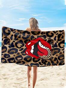 1pc Leopard Print Lip Mark Microfiber Beach Towel - Quick-Drying, Lightweight, And Soft, Perfect For Swimming, Fitness, Yoga - Ideal Travel Companion, Gym Towel | Playful Design | Quick-Dry Fabric, Beach Towel - Multicolor - View 4