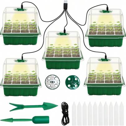 1pc/2pcs/4pcs/5pcs/6pcs Seedling Tray With Grow Light, Plant Seed Starter Kit, Includes Humidity Dome And Base, Indoor Greenhouse Mini Nursery Station For Seed Germination And Seedling (12 Cells Per Tray)