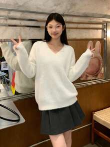 Women's Solid Color Fluffy Loose Soft Knit Sweater, Autumn/Winter - White - View 7