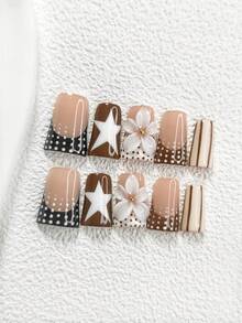 10pcs/Set Romantic Autumn/Winter Nail Art Kit, Hand-Painted French Manicure Stickers, Medium-Long Almond Nail Stickers, Square Nails, Duck Billed Nails, 3D Floral False Nails, Polka Dot Nail Decorations, Black/White/Brown Nails, Includes Tool Kit (1 Jelly Sticker + 1 Nail File), Suitable For Women & Girls, Daily Photo, Party, Autumn/Winter Nail Supplies Handmade Press On Nails - 彩色 - 查看 2