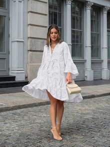 Jkorea Fall Hollow Elegant Dresses For Women Solid V Neck Flared Sleeve Vintage Cocktail Dresses Loose Casual Flared Sleeve Tiered Ruffle Mini Dress - 白色 - 查看 4