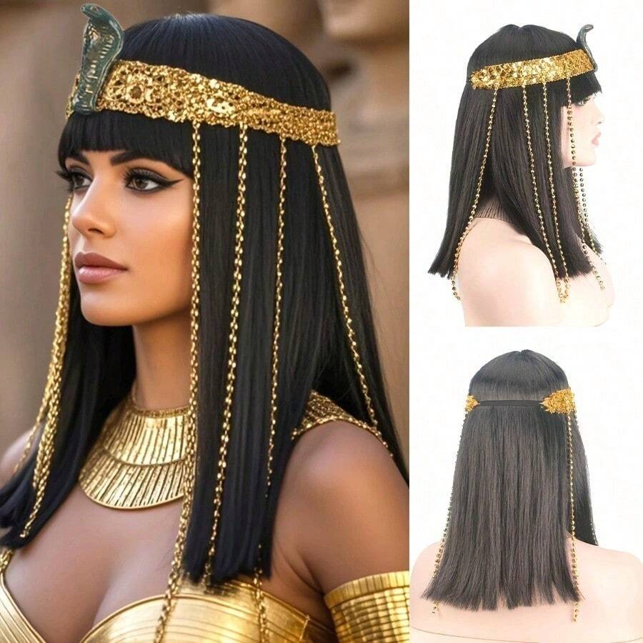 Cleopatra Cosplay Wig With Headdress - Egyptian Queen Costume Wig, Straight Black Synthetic Hair With Bangs, Golden Accents & Beads For Halloween, Renaissance Fairs, Themed Parties (Includes Headpiece) - 黑色的- - 查看 1