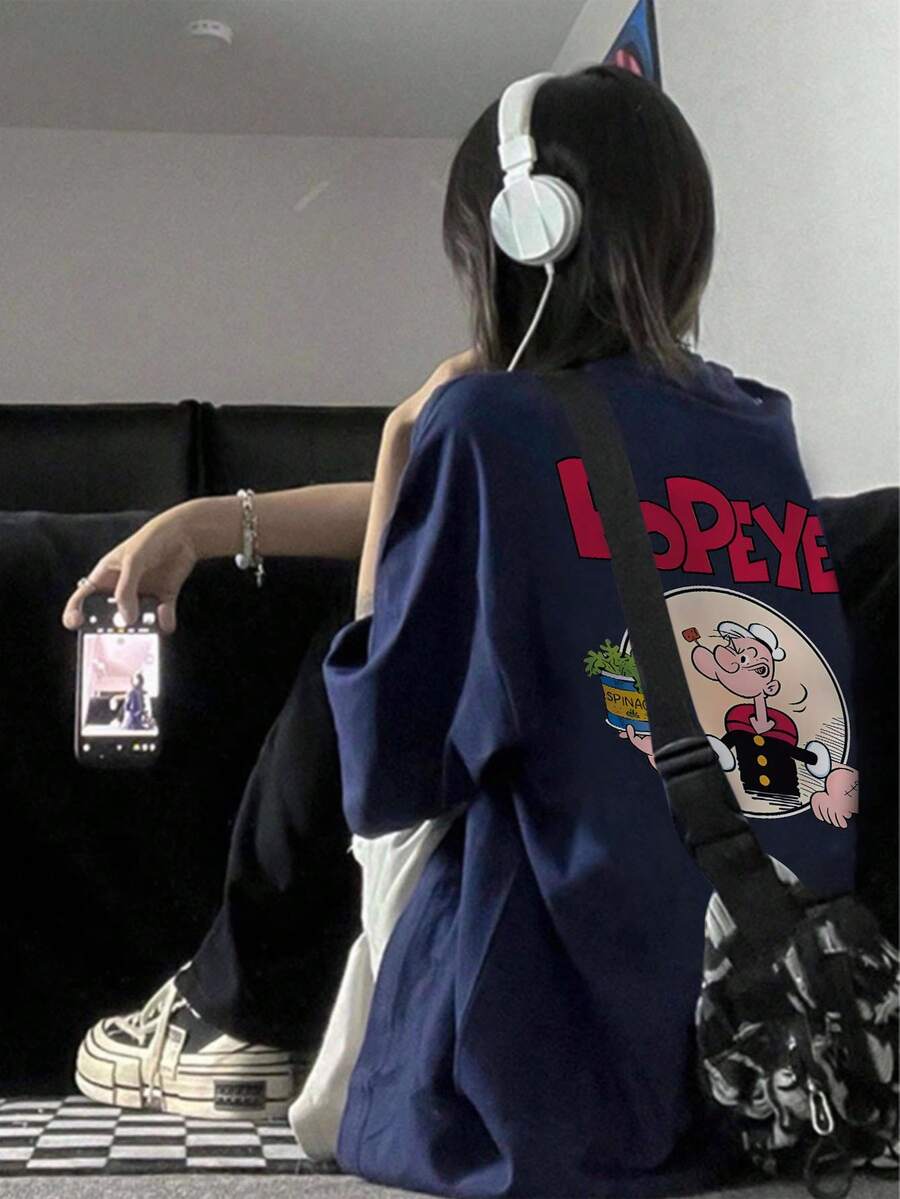 Navy Blue Contrast Cartoon Print Casual Loose Versatile Commuting Unisex Heavyweight All-Match Tee, Suitable For Students And Women, Spring/Summer - Navy Blue - View 1