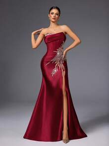 VIPGIRL Latest Design Handmade Two-Piece High Slit Burgundy Luxury Soft Elegant Evening Dress - Burgundy - View 5