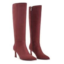 GOTHICTOR Women's Burgundy Knee High Boots Kitten Heel Stiletto Pointed Toe Faux Suede Long Boots Side Zipper Chic Low Heel Tall Boots - 酒紅色 - 查看 3