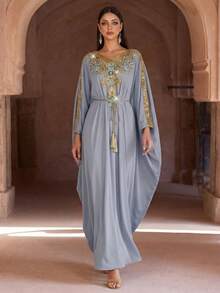 Luxury Pink Embellished Long Sleeve Kaftan Robe, Elegant Middle Eastern Style, Arabic Women Long Robe, Abaya, Modest And Graceful Spring - Dusty Blue - View 2