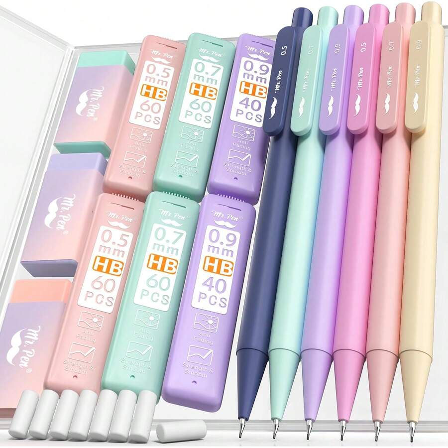 Four Candies Cute Mechanical Pencil Set, 6PCS Pastel Mechanical Pencils 0.5 &Amp; 0.7mm With 360PCS HB Leads, 3PCS Erasers And 9PCS Eraser Refills, Aesthetic School Supplies For Girls Writing - 05mm 07mm 09mm - 查看 1