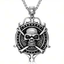 A Punk Halloween Retro Skull Pirate Ship Rudder Stainless Steel Necklace For Men Titanium Steel Domineering Pendant Personality Accessory Suitable For Daily Party Street Wear Unisex Jewelry - 銀灰色 - 查看 1