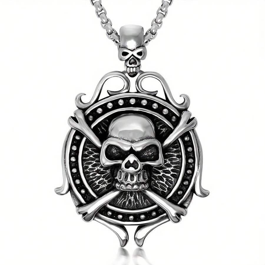 A Punk Halloween Retro Skull Pirate Ship Rudder Stainless Steel Necklace For Men Titanium Steel Domineering Pendant Personality Accessory Suitable For Daily Party Street Wear Unisex Jewelry - 銀灰色 - 查看 1