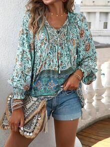 Women's Bohemian Print Long Sleeve Blouse, V-Neck Tie Front Casual Shirt, Lightweight Summer Top For Vacation Beach & Daily Outfits - 薄荷藍 - 查看 5