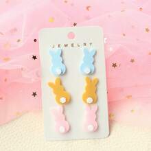 3 Pairs Easter Acrylic Bling Bling Rabbit Ear Studs, Cute Rabbit Tail Earrings Set, Holiday Gift For Women - Multicolor - View 6