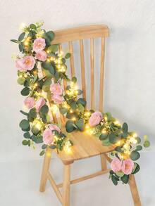 2件套银色桉树叶和满天星花环，带LED灯，粉色山茶花藤蔓，人造绿植花环，适用于家居、房间、教室、卧室、婚礼、新娘送礼会、派对、婴儿派对、露台、情人节、母亲节、毕业典礼、教师节礼物 - 粉色 - 查看 6