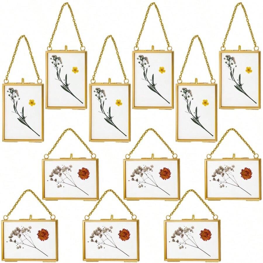12 Double Glass Frame For Pressed Flowers Floating Hanging Photo Frame 3.5 X 2.5 In Brass Clear Pressed Flower Decor With Chain For Display Gallery Artwork, Horizontal Vertical Gold - Vàng 12 - Xem 1