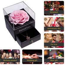 Eternal Rose Box With Crystal Necklace, Preserved Flower Jewelry Gift Set For Mom, Wife, Girlfriend. Perfect For Anniversaries, Mother's Day, Valentine's Day, Christmas, And Birthdays. - Pink - View 2