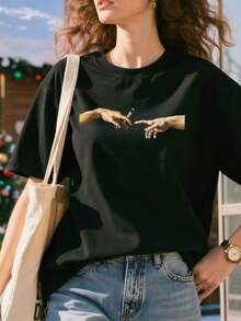 420 The Creation Of Adam Michelangelo  Joint Vintage T-Shirt- Unisex Women& MenDaily Wear-Unisex Women & Men's Campus Daily Wear - 黑色 - 查看 2