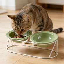 Ceramic Slanted Dual Bowls Cat Bowl, Raised To Prevent Neck Strain And Spilling, For Cats And Dogs