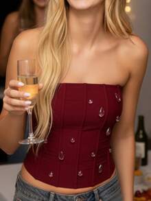 Women Tube Tops Sleeveless Strapless Rhinestone Decor Slim Fit Summer Crop Vest - Burdeos - Ver 4