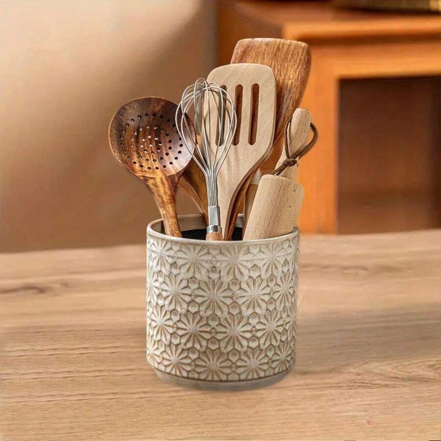 Hộp đựng dụng cụ nhà bếp bằng gốm sứ cổ điển - Hộp đựng thìa, dĩa và đũa dập nổi với họa tiết hoa trang nhã, trang trí phòng khách, lối vào, bàn ăn theo phong cách Ins, hộp đựng đồ dùng nhà bếp bằng gốm sứ, thích hợp làm quà tặng ngày Valentine. - Nhiều màu - Xem 1