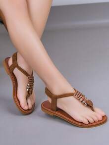 1双女童平底凉鞋，2026新款波西米亚风简约人字拖，速干沙滩凉鞋，适合日常和上学穿着 - 棕色 - 查看 2