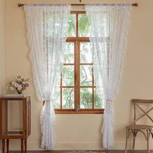 Green Sheer Curtains 108 Inch Long Living Room - Shabby Chic Floral Ruffled Curtains, Elegant Knitted Privacy Rod Pocket, Emerald Green, Spring/Summer, 1 Pair, 59 X 108 Inch - 白色 - 查看 8