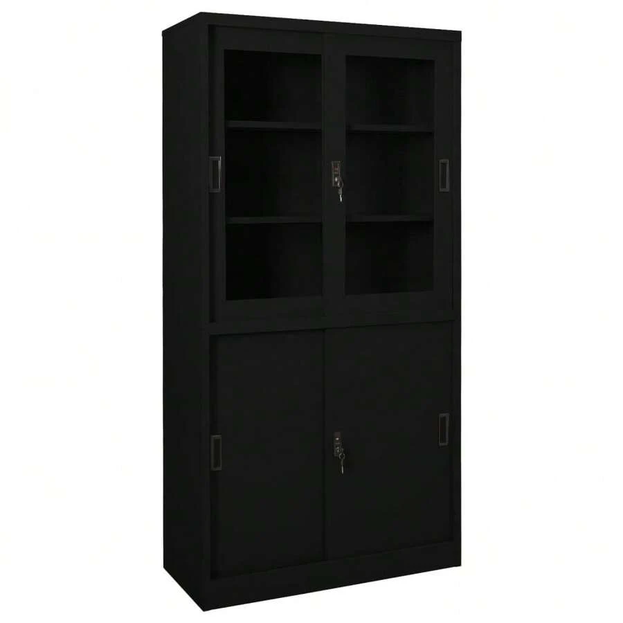 vidaXL Büroschrank mit Schiebetür, Weiß, 90 x 40 x 180 cm, Stahl - Schwarz - Übersicht 1