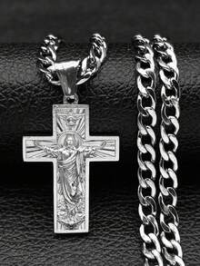 Men's Stainless Steel Cross Jesus Pendant Necklace, Gold Hip Hop Chain Cross Necklace, Jewelry Accessories Gift - Necklace - View 1