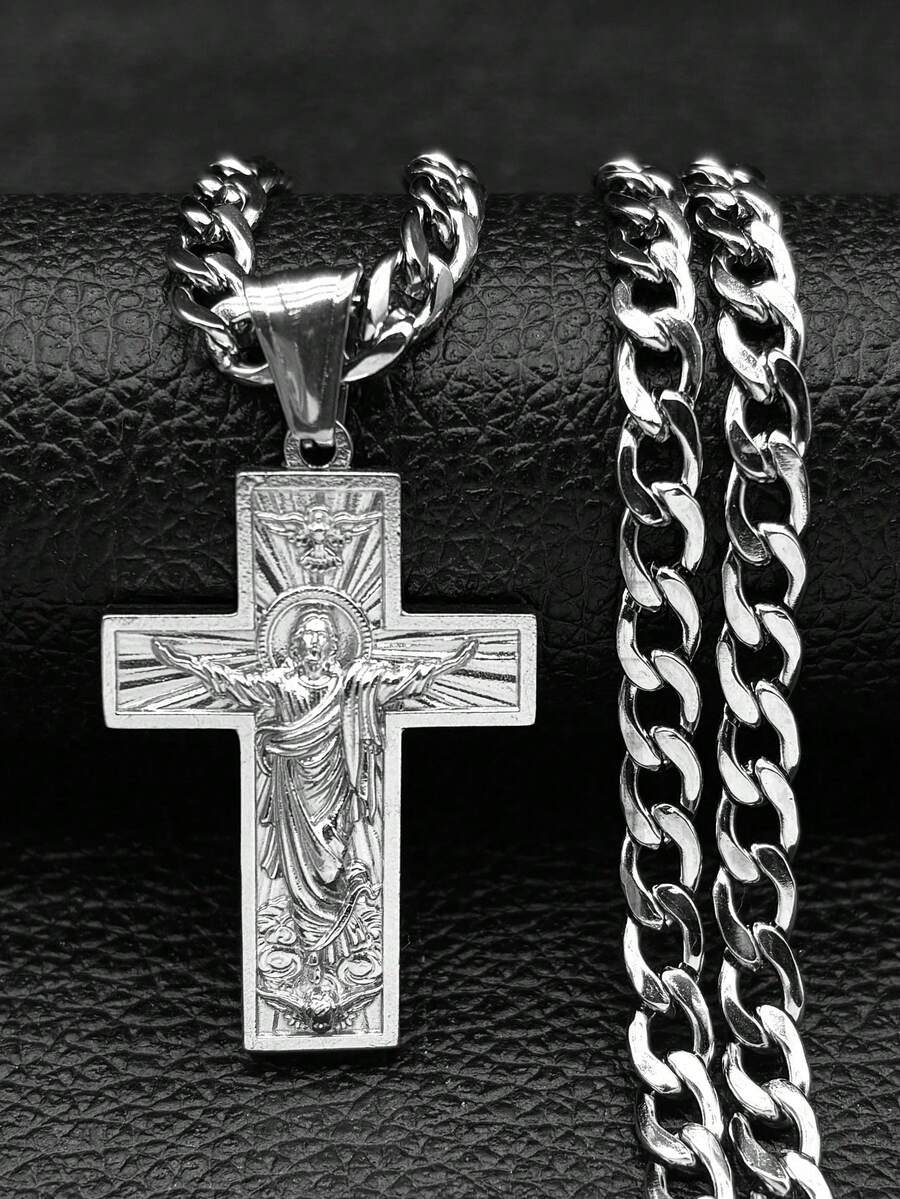 Men's Stainless Steel Cross Jesus Pendant Necklace, Gold Hip Hop Chain Cross Necklace, Jewelry Accessories Gift - Necklace - View 1