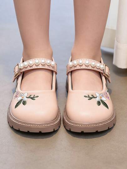 1 Pair Children's Chinese Style Embroidered Leather Shoes, Soft Leather Soft Bottom Fashionable Shoes For Girls Aged 3-12