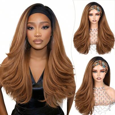 26 Inch Synthetic Wig With Headband, Wavy Hairstyle With Layered Curly Ends, Natural Looking Curly Hair Wig, Easy Wear For Women