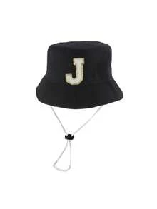 1顶婴儿/幼儿/儿童A-Z字母刺绣防晒渔夫帽，可调节男女通用户外休闲遮阳帽 - 黑色 - 查看 6