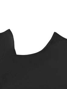 优雅不对称单肩镂空褶裥长袖上衣，适合派对和聚会，春夏新品，夏季衬衫，夏季服装 - 黑色 - 查看 6