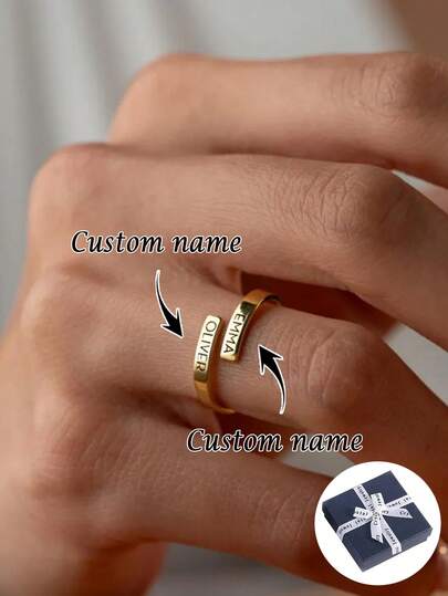 1PC [Customized] Engraved Double Name Ring, Engraved Name Ring Adjustable, Best Friend Ring, Exquisite Double Name Ring, Couple Name Ring, Stackable Ring, Customizable 2 Names Or Date, Custom Ring, Unisex Unisex Ring, Customized Gift, Valentine's Day, Eid Form, Mother's Day, Back-To-School Season Gifts, Personalized Gifts For Gifts