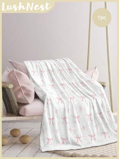 1件粉色条纹蝴蝶结图案，女孩款，可爱，情人节数码印花蝴蝶结装饰毯（1条毯子），可爱日常使用涤纶化纤材质，柔软亲肤，适合全年四季，柔软舒适，家居装饰