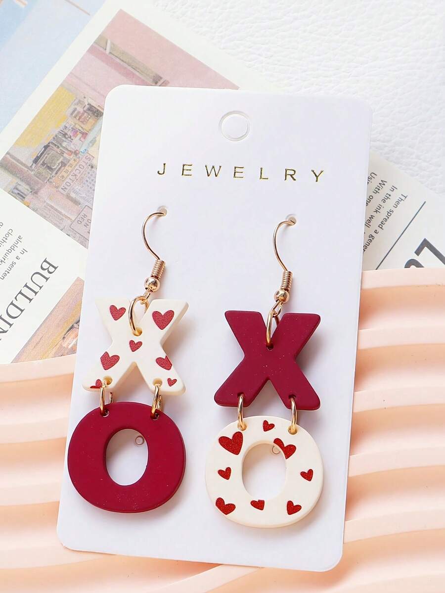 1 Pair New Valentine's Day Resin XO Heart Print Contrast Color Earrings For Girls