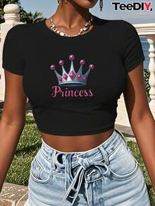 Teediy Women's Crop T-Shirt - Princess Crown Pattern T-Shirt, Pink Jewelry, Y2K Fashion Casual Top, Suitable For Parties And Daily Wear - Non-See-Through Fabric, Party Outfit, Strong Print - 白色 - 查看 7