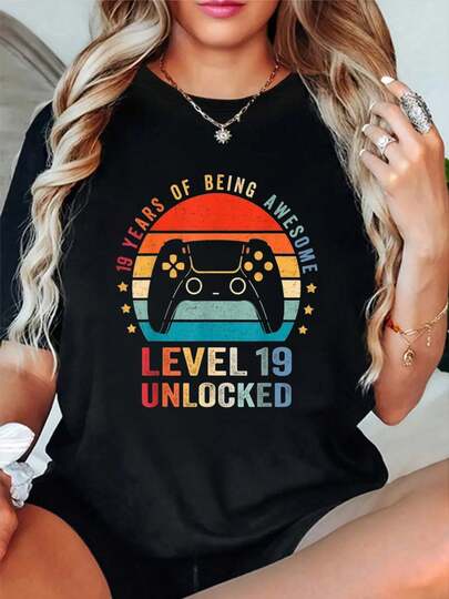 100% Cotton Level 19 Unlocked Shirt Funny Video Gamer 19th Birthday T-Shirt Short Sleeve Round Neck Casual Top For Summer & Spring, Women's Men's Graphic Tee