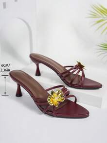 2026 Frühling/Sommer Neue Strass Metallic Blumen Offene Zehe Riemchen Sandalen, Spitze Zehe Party High Heels - Bordeaux - Übersicht 6
