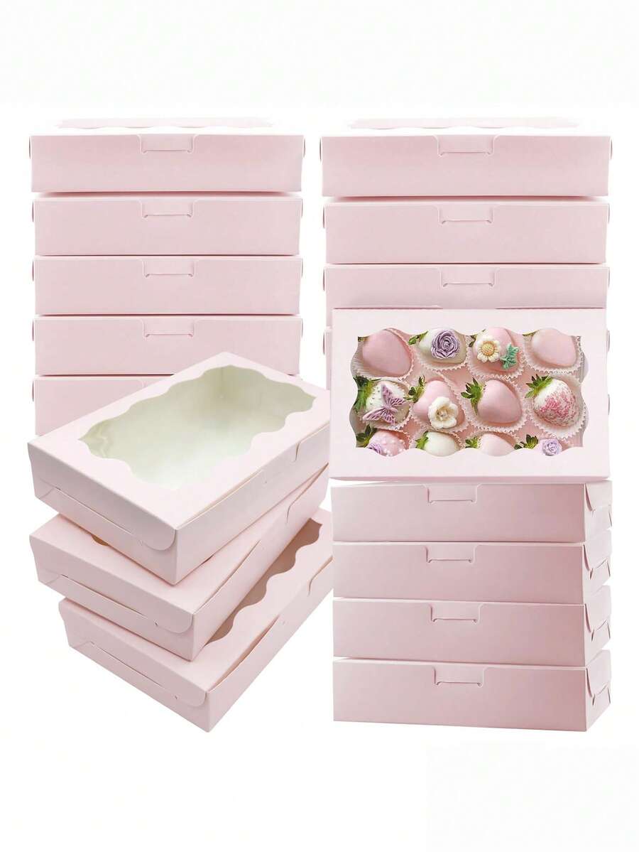 10/20个/1个装 - 带透明窗口的饼干糕点盒，尺寸：7 x 4.3 x 1.5 英寸，牛皮纸材质，高档烘焙食品礼盒，适用于甜点、婚礼、派对、圣诞节、生日等场合（粉色） - 彩色 - 查看 1