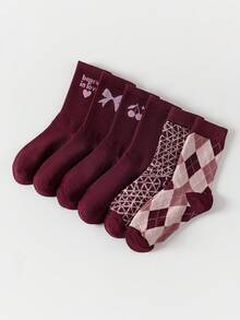 6 Pairs Women's Red Heart Patterned Fashionable Versatile Mid-Calf Socks - Multicolor - View 7