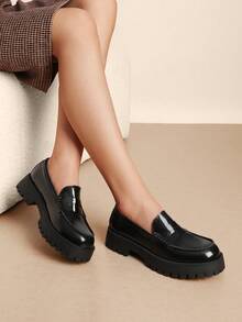 Women Platform Black Patent Loafers 1.57-Inch Chunky Mid-Heel Flatform Loafer Round Toe Versatile Classic Casual Slip On Shoes, 2026 New Spring Summer Shoes - ĐEN-PAT - Xem 4