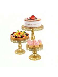 1 pieza Soporte redondo dorado para pastel, bandeja de postre con decoración elegante de encaje, adecuado para bodas, cumpleaños, fiestas, celebraciones, exhibición de pasteles - Multicolor - Ver 2