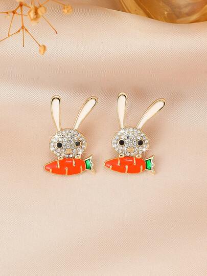 1 Pair Crystal Rabbit & Carrot Stud Earrings, Cute Earrings For Women, Suitable For Daily Wear And Easter Outfit Jewelry