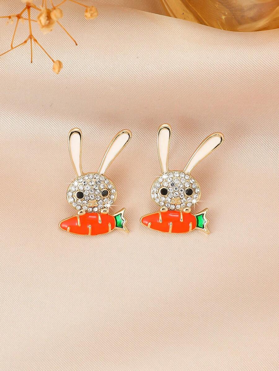 1 Pair Crystal Rabbit & Carrot Stud Earrings, Cute Earrings For Women, Suitable For Daily Wear And Easter Outfit Jewelry - Rabbit Shape - View 1
